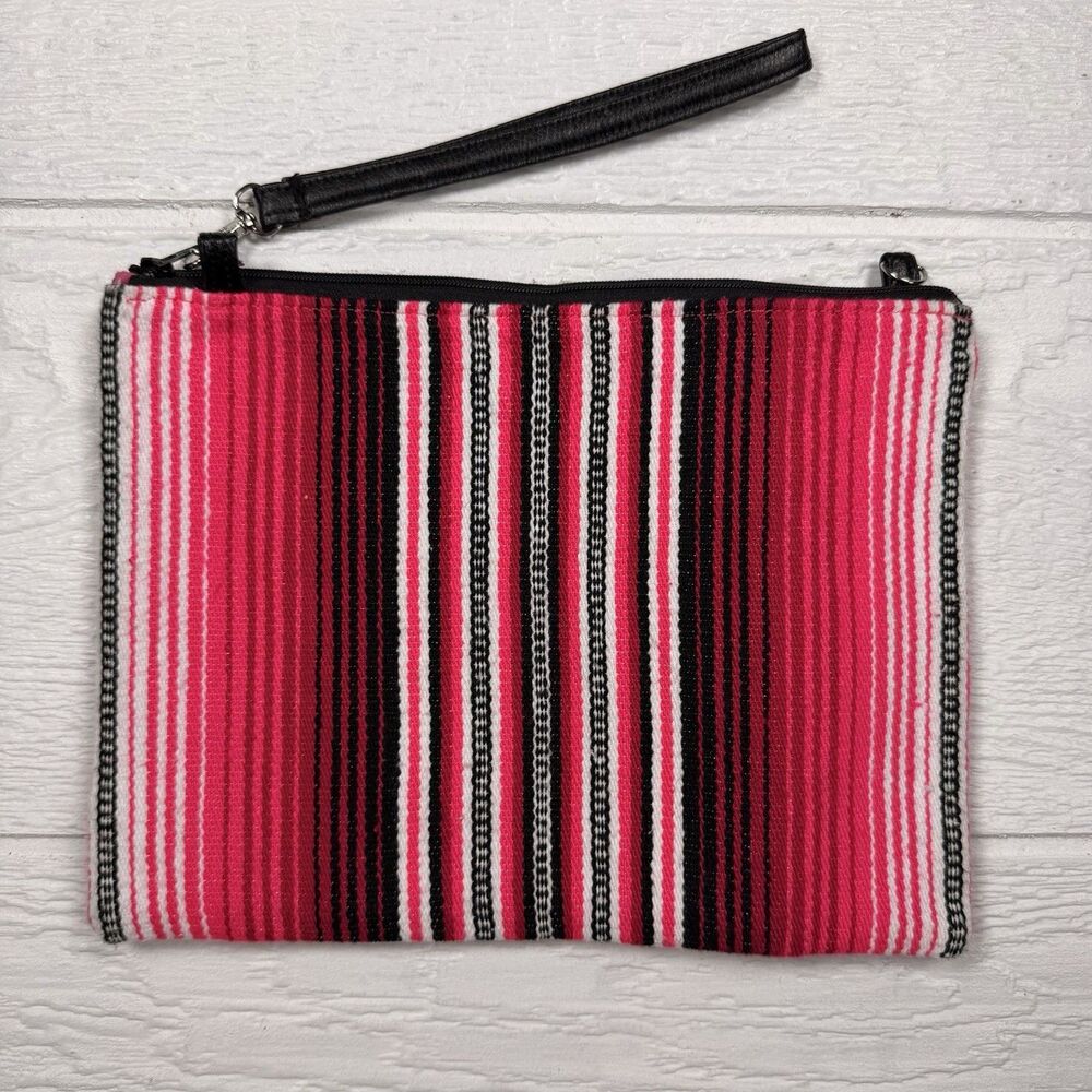 Mexican Serape Stripe Wristlet Clutch Pink Southwestern Boho Zipper Pouch